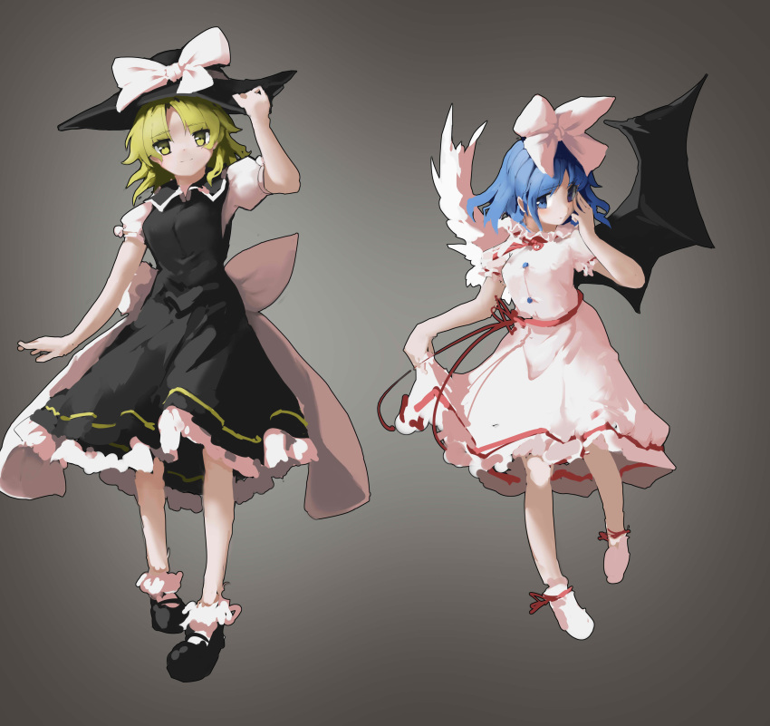 2girls absurdres angel_wings ankle_ribbon asymmetrical_wings bangs black_dress black_footwear black_headwear black_wings blonde_hair blue_eyes blue_hair bow buttons closed_mouth collared_dress demon_wings dress eyebrows_visible_through_hair feathered_wings frilled_dress frills full_body gradient gradient_background hair_bow hand_on_headwear hand_up hat hat_bow highres looking_at_viewer mai_(touhou) medium_hair multiple_girls parted_bangs puffy_short_sleeves puffy_sleeves red_neckwear red_ribbon ribbon sancking_(fatekl) sash shirt short_hair short_sleeves sidelocks sideways_glance skirt_hold touhou touhou_(pc-98) undershirt white_bow white_dress white_legwear white_sash white_shirt white_wings wings yellow_eyes yuki_(touhou)