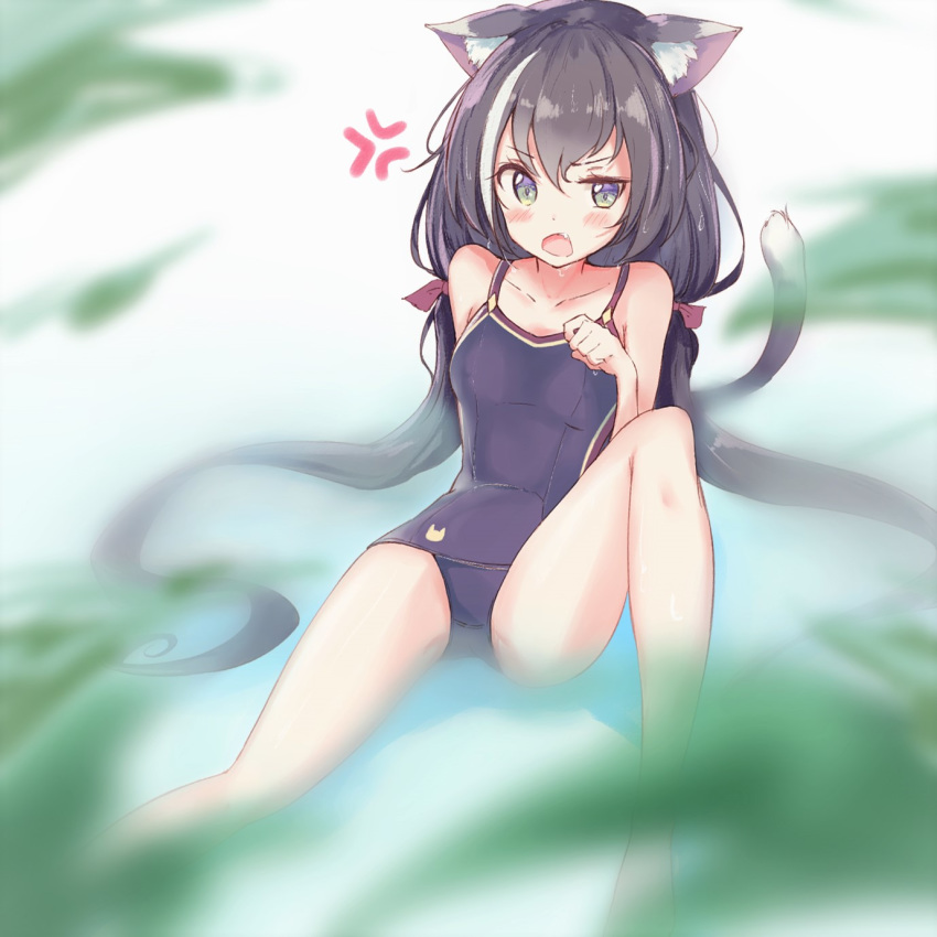 1girl anger_vein animal_ear_fluff animal_ears bare_shoulders black_hair blush breasts cat_ears cat_tail chocomoch eyebrows_visible_through_hair fang green_eyes highres karyl_(princess_connect!) low_twintails multicolored_hair one-piece_swimsuit open_mouth palms princess_connect! princess_connect!_re:dive school_swimsuit sitting small_breasts streaked_hair swimsuit tail twintails