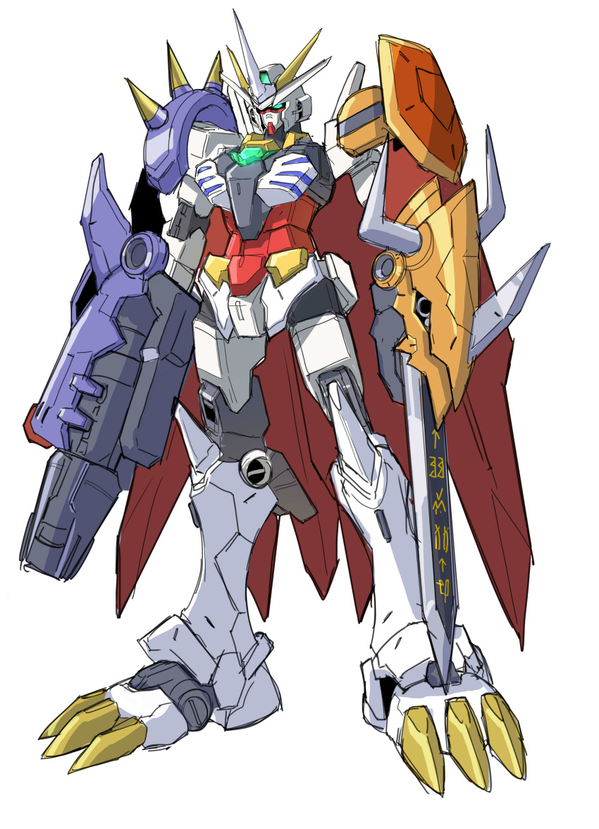 absurdres arm_blade arm_cannon blue_eyes clenched_hands core_gundam crossover digimon fusion glowing glowing_eyes gundam gundam_build_divers gundam_build_divers_re:rise highres mecha no_humans omegamon solo standing sukekiyo56 weapon white_background