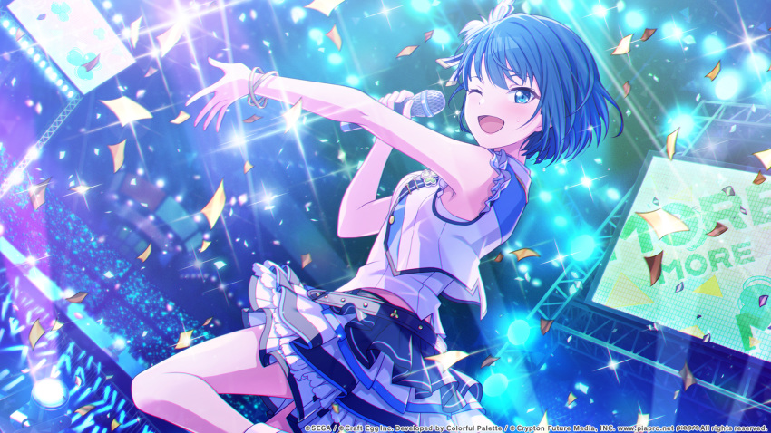 1girl ;d blue_eyes blue_hair bracelet commentary confetti hair_ornament highres jewelry kiritani_haruka lace lace-trimmed_shirt looking_at_viewer microphone music official_art one_eye_closed open_mouth project_sekai shirt short_hair singing smile solo stage