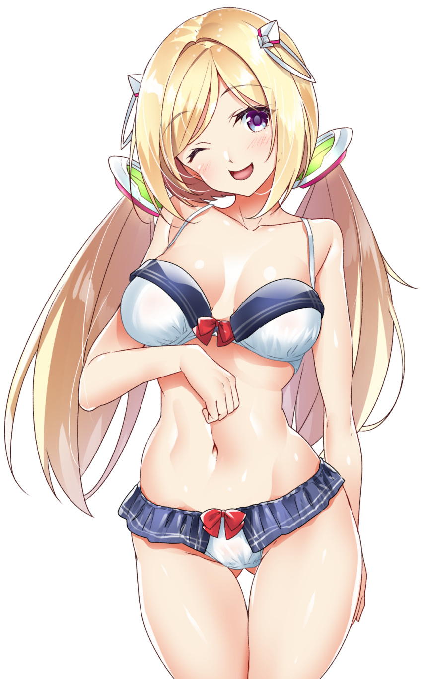 1girl aki_rosenthal bangs bikini blonde_hair blush breasts collarbone detached_hair eyebrows_visible_through_hair highres hololive looking_at_viewer low_twintails medium_breasts navel one_eye_closed open_mouth sasakuma_kyouta simple_background solo swept_bangs swimsuit twintails violet_eyes white_background white_bikini