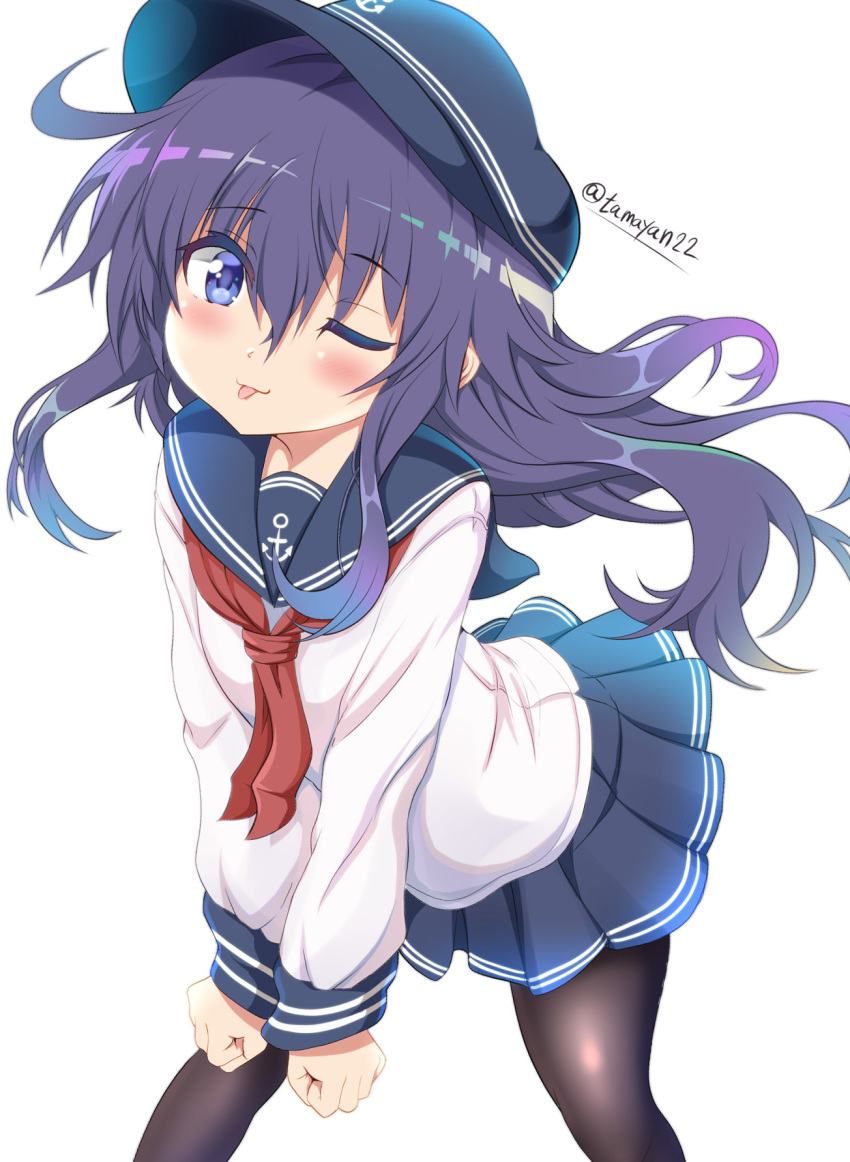 1girl akatsuki_(kantai_collection) anchor_symbol black_legwear blue_eyes blush flat_cap hair_between_eyes hat highres kantai_collection long_hair long_sleeves one_eye_closed pantyhose pleated_skirt purple_hair red_sailor_collar sailor_collar school_uniform serafuku simple_background skirt smile solo tamayan tongue tongue_out twitter_username white_background