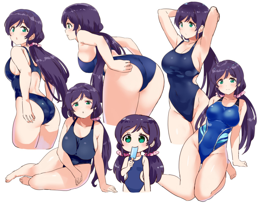 1girl adjusting_clothes adjusting_swimsuit armpits arms_up ass bare_arms bare_legs bare_shoulders barefoot bent_over blue_swimsuit breasts competition_swimsuit cropped_legs eating food green_eyes hair_ornament hair_scrunchie holding holding_food kurokawa_makoto large_breasts long_hair looking_at_viewer love_live! love_live!_school_idol_project low_twintails multiple_views one-piece_swimsuit pink_scrunchie popsicle purple_hair scrunchie simple_background sitting standing swimsuit toujou_nozomi twintails white_background