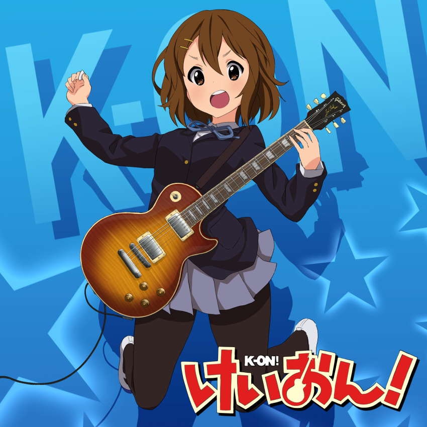 1girl absurdres asanaya bangs black_legwear blue_background brown_eyes brown_hair buttons commentary_request copyright_name electric_guitar grey_skirt guitar hair_ornament hairclip hand_up highres hirasawa_yui holding holding_plectrum instrument k-on! open_mouth pantyhose pleated_skirt plectrum school_uniform shoes short_hair skirt solo teeth tongue upper_teeth