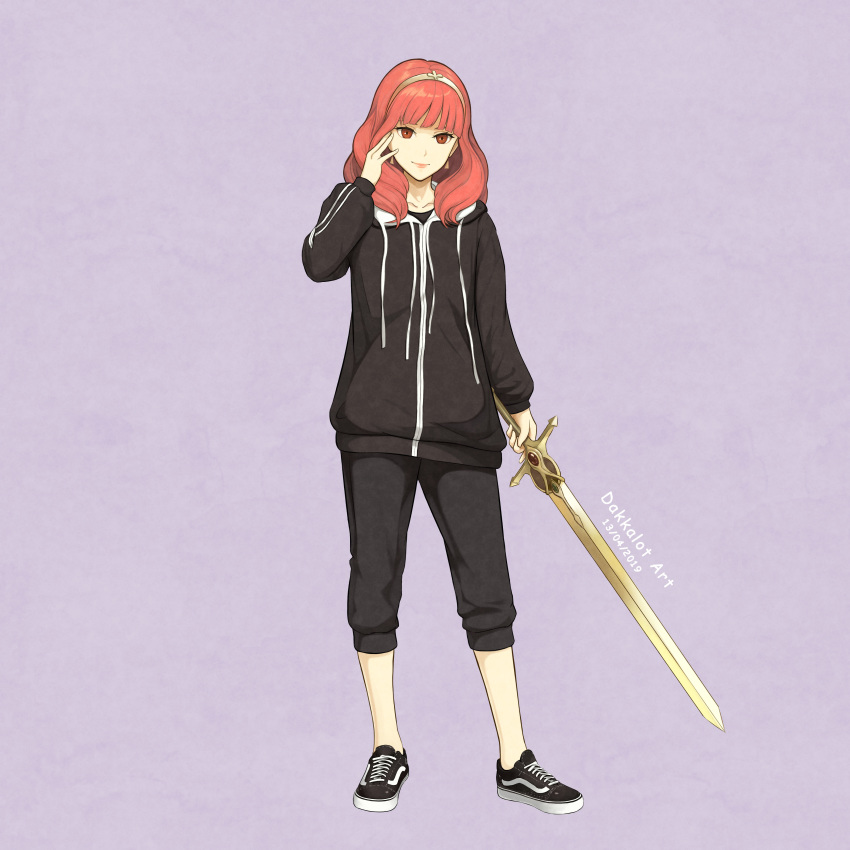 1girl absurdres alternate_costume artist_name bangs black_footwear black_hoodie black_pants celica_(fire_emblem) dakkalot dated earrings english_commentary fire_emblem fire_emblem_echoes:_shadows_of_valentia fire_emblem_heroes gold_hairband hand_on_own_face highres holding holding_sword holding_weapon jewelry looking_at_viewer medium_hair pants red_eyes redhead solo standing sword track_pants vans weapon