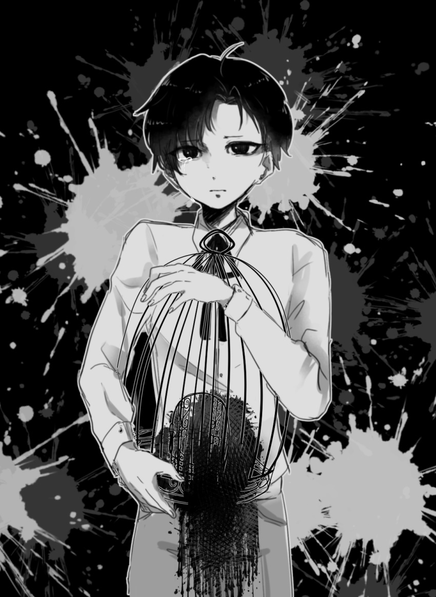 1boy berl_to_okashi_no_ie birdcage black_hair blood cage child hans_(berl_to_okashi_no_ie) highres monochrome necktie short_hair solo tears younger