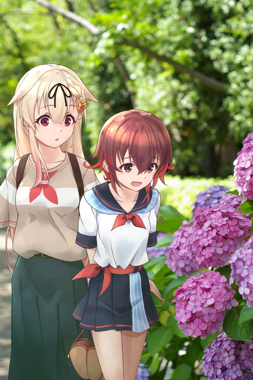 2girls alternate_costume backpack bag beige_shirt blonde_hair blue_skirt blurry blurry_background brown_eyes brown_hair collarbone commentary_request eyebrows_visible_through_hair flower_request green_skirt hair_between_eyes hair_flip hair_ornament hair_ribbon hairclip handbag highres kantai_collection long_hair long_skirt looking_at_another minosu multiple_girls mutsuki_(kantai_collection) neckerchief open_mouth pleated_skirt red_eyes red_neckwear remodel_(kantai_collection) ribbon sailor_collar skirt white_serafuku yuudachi_(kantai_collection)