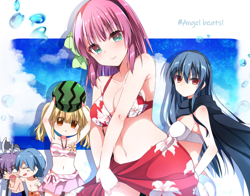 2boys 3girls angel_beats! bikini bikini_skirt blonde_hair blue_hair breasts brown_eyes company_connection copyright_name cowboy_shot floral_print green_eyes hayami_rokushichi hinata_(angel_beats!) long_hair looking_at_viewer medium_breasts multiple_boys multiple_girls noda_(angel_beats!) pink_bikini poleaxe purple_hair red_bikini red_eyes sarong shiina_(angel_beats!) short_hair striped striped_bikini swimsuit twintails white_bikini yuri_(angel_beats!) yusa_(angel_beats!)