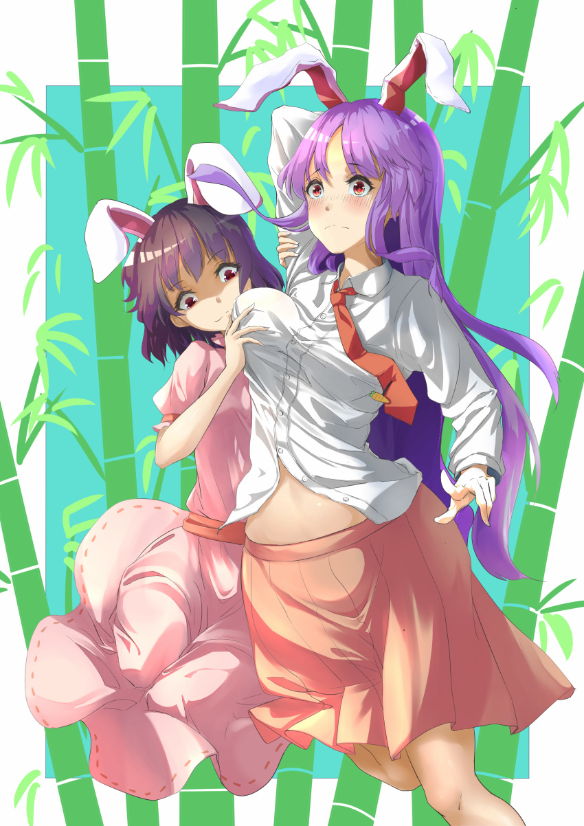 2girls absurdres animal_ears arm_behind_head bamboo bamboo_forest blush breast_grab breasts brown_hair bunny_girl commentary_request dress forest frown grabbing grabbing_from_behind highres holding_arm inaba_tewi kuma-ra long_hair long_sleeves looking_at_breasts medium_breasts medium_hair midriff multiple_girls nature necktie partially_unbuttoned pink_dress pink_skirt pleated_skirt puffy_short_sleeves puffy_sleeves purple_hair rabbit_ears red_eyes reisen_udongein_inaba ribbon-trimmed_dress shaded_face shirt short_sleeves skirt small_breasts stomach surprised touhou very_long_hair wavy_mouth white_shirt yuri