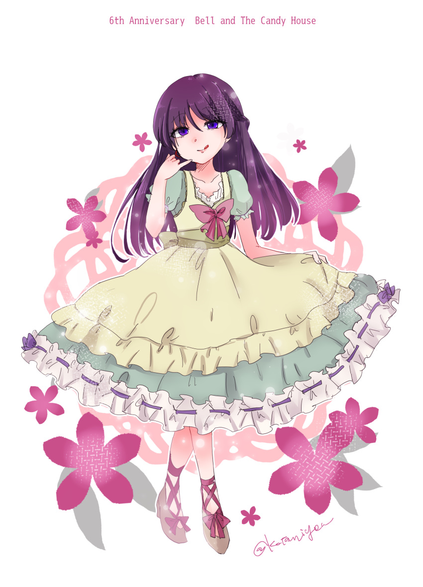 1girl :p absurdres berl_to_okashi_no_ie black_hair bow child dress highres long_hair looking_at_viewer margarete_(berl_to_okashi_no_ie) smile solo tongue tongue_out violet_eyes younger