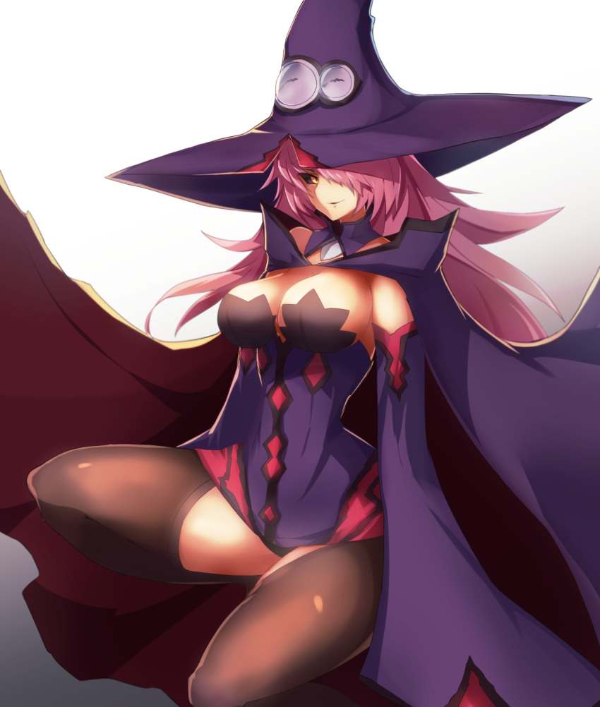 1girl alder bare_shoulders black_legwear black_sclera blazblue blazblue:_central_fiction breasts cape detached_sleeves dress floating_hair hair_over_one_eye hat highres konoe_a_mercury large_breasts long_hair long_sleeves looking_at_viewer parted_lips pink_hair short_dress simple_background smile solo squatting thigh-highs wide_sleeves witch_hat yellow_eyes