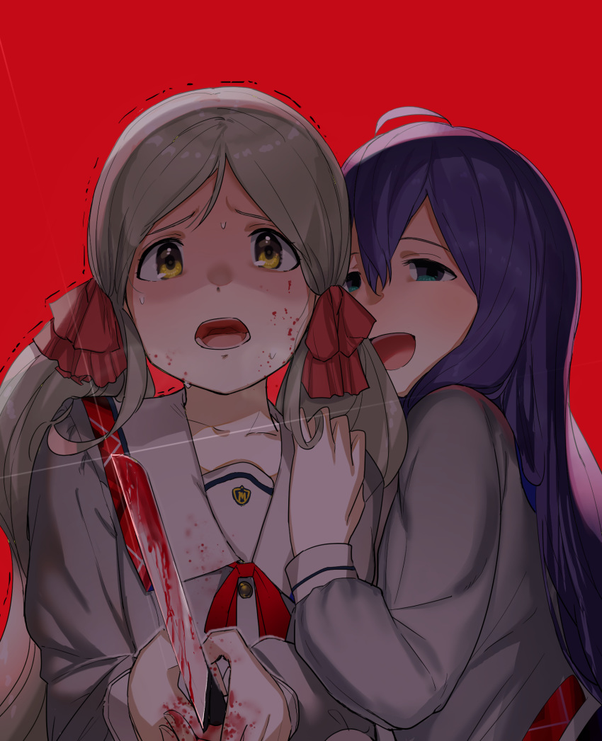 2girls ahoge bangs blood blood_on_face bloody_clothes bloody_hands bloody_knife blue_hair bow green_eyes grey_shirt hair_between_eyes hair_bow half-closed_eyes hand_on_another's_shoulder handa_roko highres holding holding_knife idolmaster idolmaster_million_live! juliet_sleeves knife long_hair long_sleeves looking_at_viewer low_twintails mochizuki_anna multiple_girls parted_bangs puffy_sleeves red_background red_bow sailor_collar shaded_face shirt simple_background suzuki_puramo sweat trembling twintails two-handed upper_body very_long_hair white_sailor_collar yellow_eyes