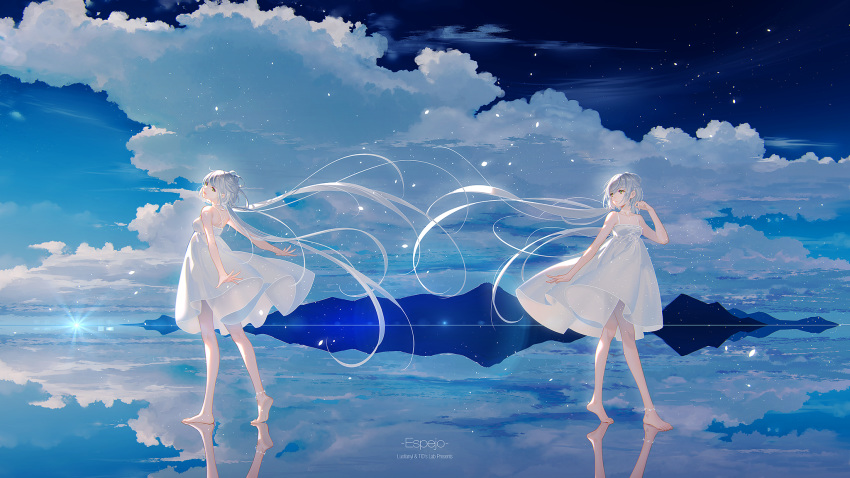 anklet bangs bare_legs bare_shoulders bare_thighs barefoot clouds dress eyebrows eyebrows_visible_through_hair green_eyes highres jewelry long_hair luo_tianyi silver_hair sky standing tidsean toes vocaloid vsinger white_dress