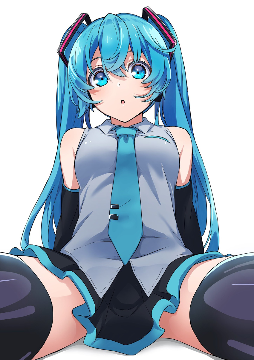 1girl :o arm_support bangs bare_shoulders black_hair black_legwear black_sleeves blue_eyes blue_hair breasts commentary_request detached_sleeves hair_between_eyes hatsune_miku highres long_hair looking_at_viewer looking_down necktie open_mouth pov simple_background sitting skirt sleeveless solo thigh-highs twintails very_long_hair vocaloid white_background yufu_toyomimasu