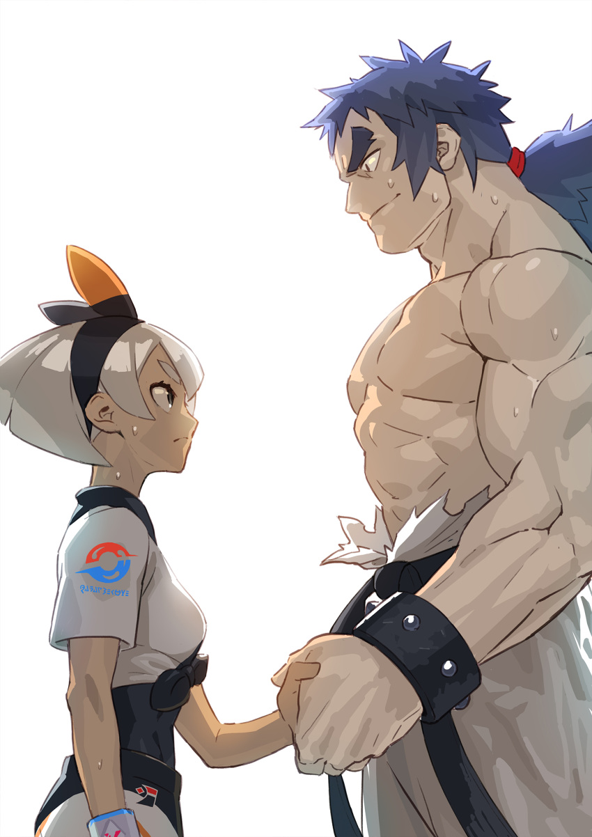 1boy 1girl bangs black_bodysuit black_hairband bodysuit bodysuit_under_clothes breasts closed_mouth commentary_request dynamax_band elite_four eye_contact grey_hair gym_leader hair_tie hairband handshake highres looking_at_another muscle pokemon pokemon_(game) pokemon_rgby pokemon_swsh print_shirt print_shorts saitou_(pokemon) sanwood_mori shiba_(pokemon) shirt shirtless short_hair short_sleeves shorts simple_background size_difference spiky_hair sweat tied_hair tied_shirt white_background wristband