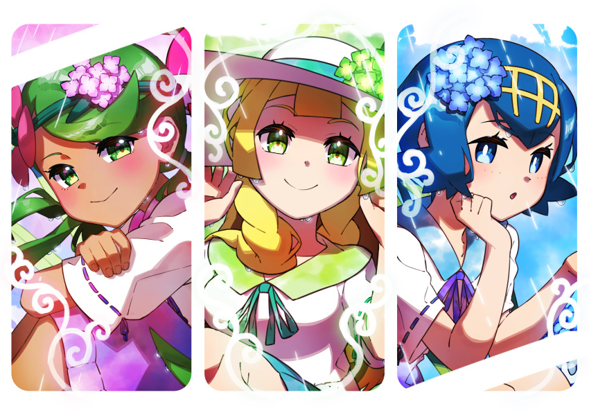 3girls bangs blonde_hair blue_eyes blue_hair blush commentary_request dark_skin flower green_eyes green_hair hair_flower hair_ornament hairband hat highres lillie_(pokemon) long_hair looking_at_viewer mallow_(pokemon) multiple_girls open_mouth pokemon pokemon_(anime) pokemon_sm_(anime) shirt short_hair smile suiren_(pokemon) sun_hat swept_bangs taisa_(lovemokunae) twintails white_headwear