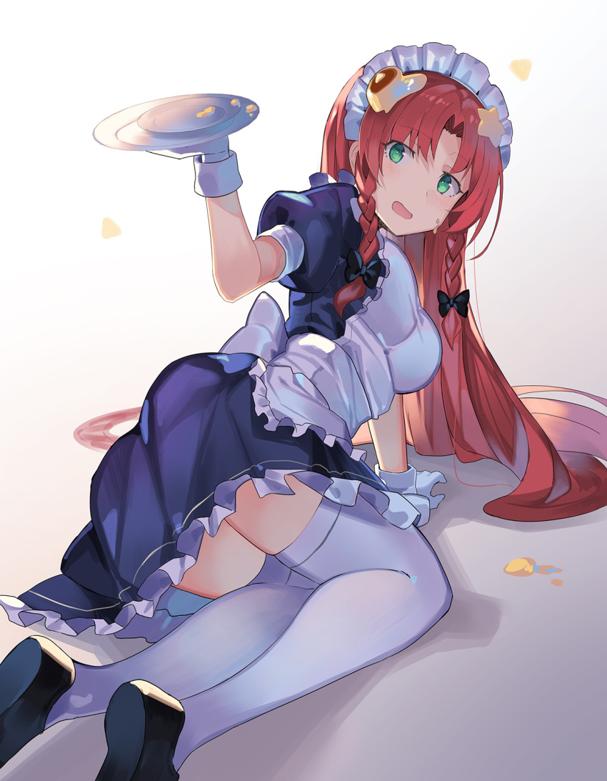 1girl alternate_costume apron ass black_bow black_footwear bow braid breasts enmaided food food_on_face food_on_head gloves green_eyes hair_bow highres holding hong_meiling long_hair looking_at_viewer lying maid maid_apron maid_headdress medium_breasts object_on_head on_floor open_mouth plate pudding puffy_short_sleeves puffy_sleeves redhead rin_falcon shoes short_sleeves side_braid solo thigh-highs touhou twin_braids white_background white_gloves white_legwear wrist_cuffs