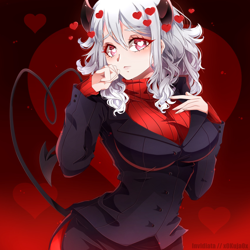 1girl absurdres black_horns black_skirt black_suit blush breasts commentary_request demon_girl demon_horns demon_tail eyebrows_visible_through_hair formal heart heart-shaped_pupils heart_tail helltaker highres horns invidiata large_breasts long_hair long_sleeves looking_at_viewer modeus_(helltaker) red_background red_eyes red_sweater ribbed_sweater skirt sleeves_past_wrists solo suit sweater symbol-shaped_pupils tail turtleneck white_hair