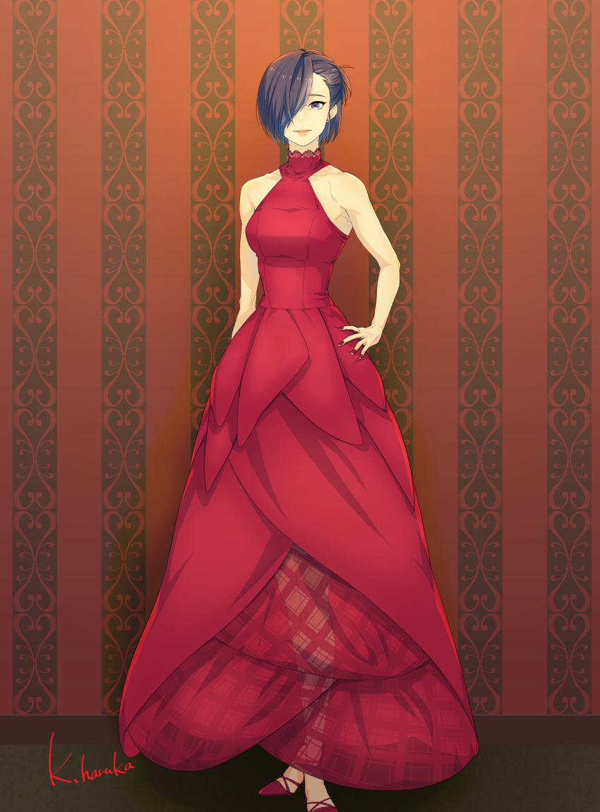 1girl absurdres alternate_costume alternate_hairstyle artist_name bangs bare_arms bare_shoulders blue_eyes breasts collarbone commentary_request dress full_body hair_over_one_eye hand_on_hip highres indoors kazamidori_haruka kirishima_touka large_breasts long_dress looking_at_viewer pumps purple_hair red_dress red_footwear see-through short_hair solo standing tokyo_ghoul