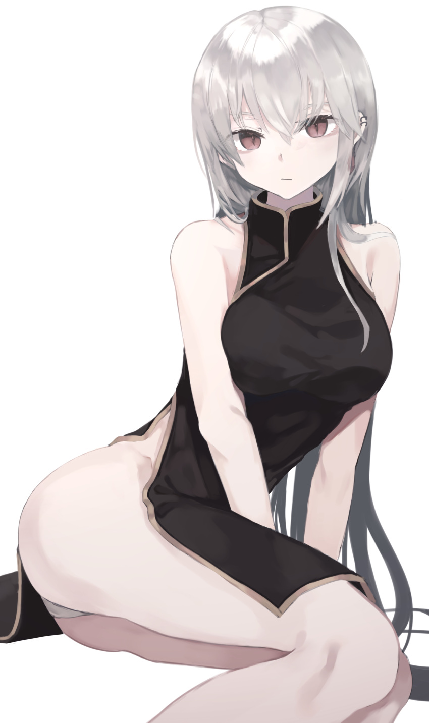 1girl absurdres ass bangs bare_arms bare_shoulders black_dress breasts brown_eyes china_dress chinese_clothes closed_mouth commentary_request dress ear_piercing eyebrows_behind_hair grey_hair hair_between_eyes highres large_breasts long_hair looking_at_viewer ogami_ren original panties piercing simple_background sleeveless sleeveless_dress solo underwear very_long_hair white_background white_panties