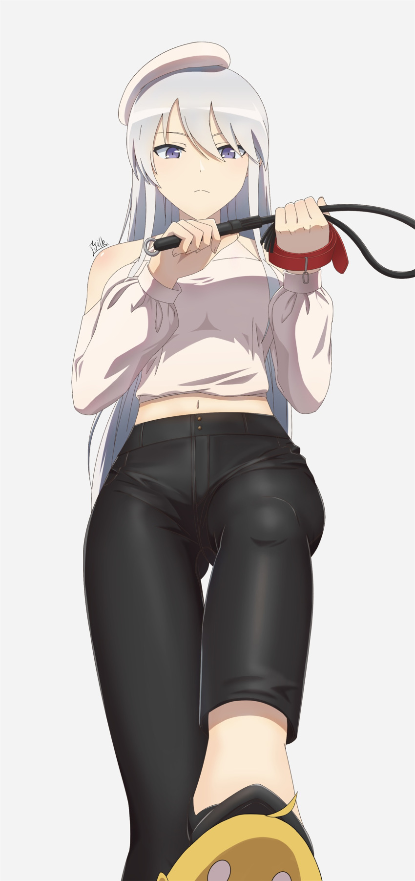 1girl absurdres azur_lane bdsm beret black_footwear black_pants blue_eyes breasts collar collar_removed enterprise_(azur_lane) femdom from_below hat highres latex_pants long_hair looking_at_viewer manjuu_(azur_lane) milk_(1667865540) navel pants sadism shirt shoes silver_hair solo whip white_background white_shirt