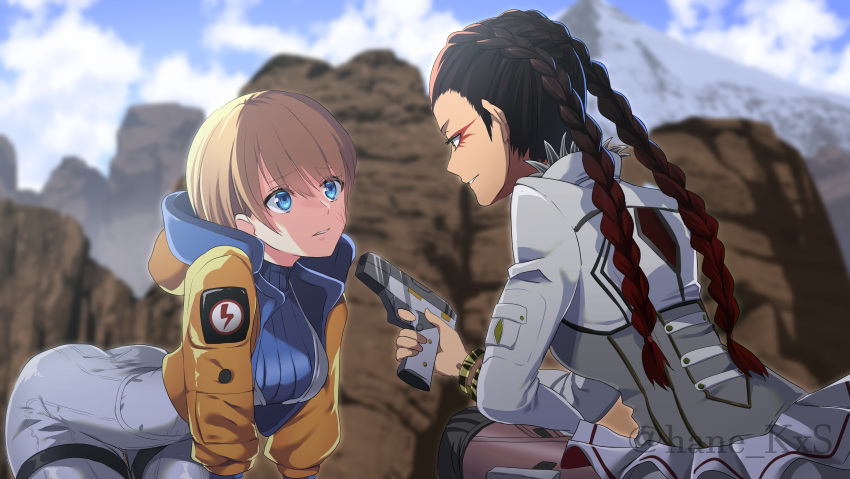 2girls absurdres all_fours apex_legends ass bangs blue_sky bodysuit braid breasts brown_hair burn_scar clouds cloudy_sky coat commentary_request cropped_jacket day eyebrows_visible_through_hair eyelashes eyeliner facepaint facial_scar finger_on_trigger gradient gradient_hair gun hair_between_eyes hair_slicked_back handgun highres holding holding_gun holding_weapon jacket lichtenberg_figure loba_(apex_legends) long_hair long_sleeves makeup mau. mountain multicolored_hair multiple_girls orange_jacket outdoors parted_lips pistol redhead ribbed_sweater scar scar_on_cheek sky smile squatting sweater turtleneck turtleneck_sweater twin_braids undercut wattson_(apex_legends) weapon white_coat