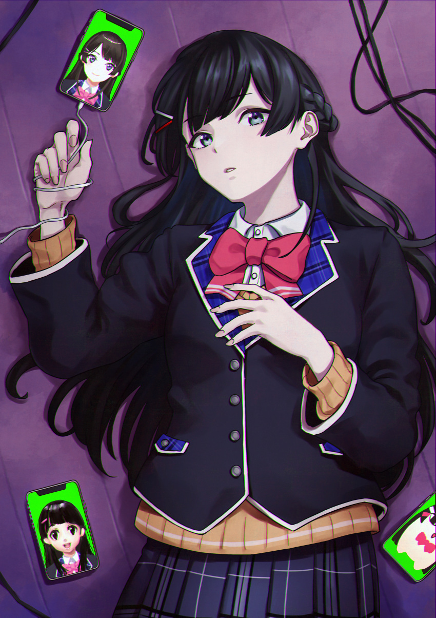 1girl absurdres black_hair black_jacket blazer blue_eyes bow bowtie braid brown_cardigan cable cardigan cellphone collared_shirt commentary french_braid g9_(jiiku) hair_ornament hairclip highres huge_filesize jacket long_hair looking_at_viewer lying nijisanji on_back on_floor parted_lips phone pink_bow pink_neckwear plaid plaid_skirt school_uniform serial_experiments_lain shirt skirt smartphone solo tsukino_mito upper_body virtual_youtuber white_shirt