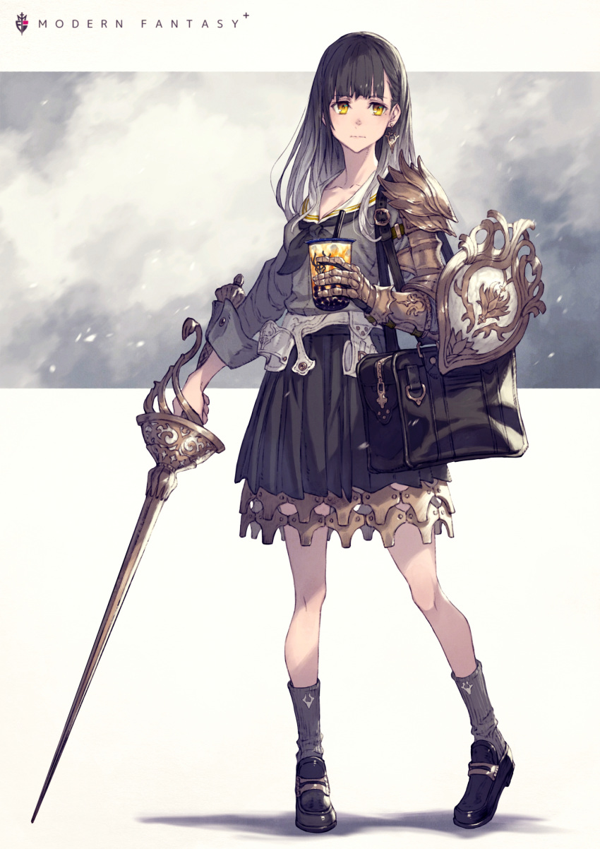 1girl armor bag bangs black_hair bubble_tea earrings gauntlets highres holding holding_sword holding_weapon jewelry kusano_shinta long_hair milk_tea original rapier school_uniform serafuku shield shoes single_earring skirt socks solo swept_bangs sword weapon yellow_eyes