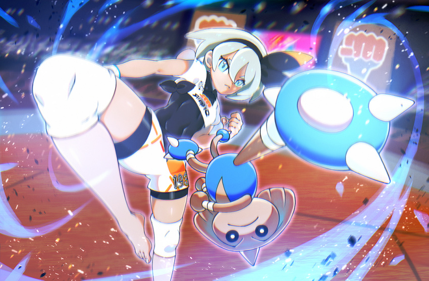 1girl bangs barefoot black_bodysuit black_hairband blue_eyes bodysuit bodysuit_under_clothes clenched_hand closed_mouth collared_shirt commentary_request covered_navel dynamax_band ekusiun eyelashes feet gen_2_pokemon grey_hair gym_leader hair_between_eyes hairband hitmontop knee_pads light_frown looking_at_viewer pokemon pokemon_(creature) pokemon_(game) pokemon_swsh print_shirt print_shorts saitou_(pokemon) shirt short_hair short_sleeves shorts stadium tied_shirt toes wristband