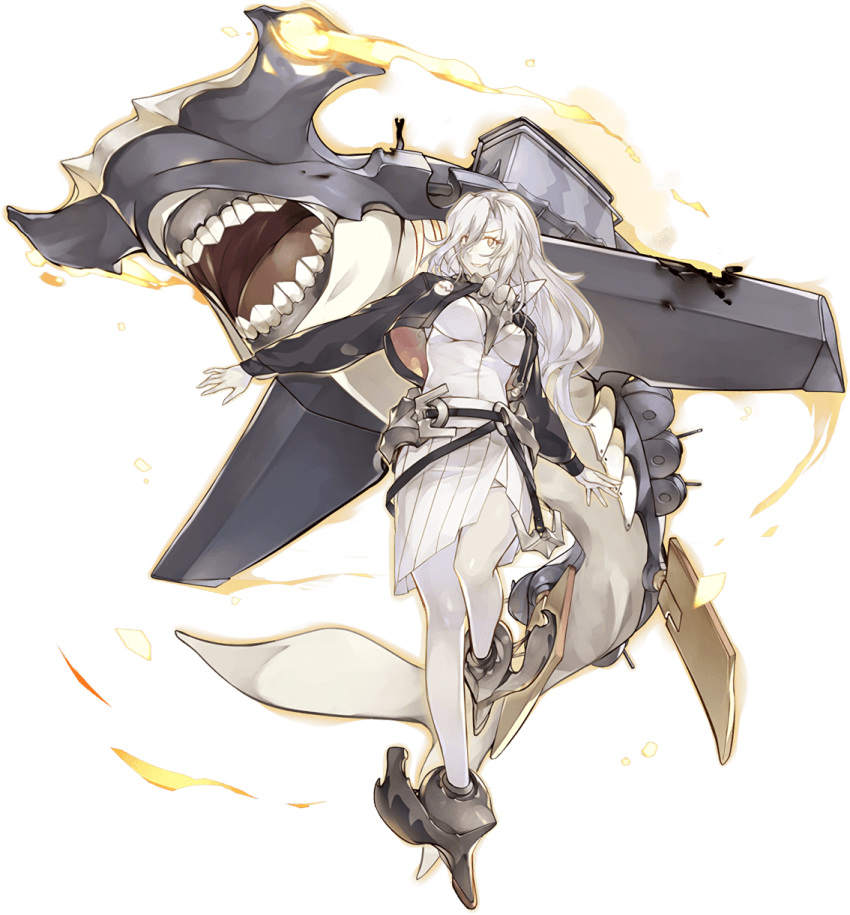 1girl anchor aura belt breasts fangs full_body hair_over_eyes hammerhead_shark highres jacket kantai_collection konishi_(koconatu) long_hair official_art orange_eyes pleated_skirt shinkaisei-kan silver_hair skirt smile south_pacific_aircraft_carrier_hime teeth transparent_background