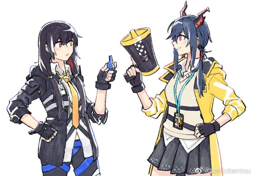 2girls arknights black_hair blue_hair ch'en_(arknights) ch'en_(arknights)_(cosplay) cosplay costume_switch dragon_horns girls_frontline heterochromia highlights horns id_card megaphone multicolored_hair multiple_girls pleated_skirt police_badge raincoat red_eyes ro635_(girls_frontline) ro635_(girls_frontline)_(cosplay) skirt two-tone_hair vento whistle white_hair yellow_eyes