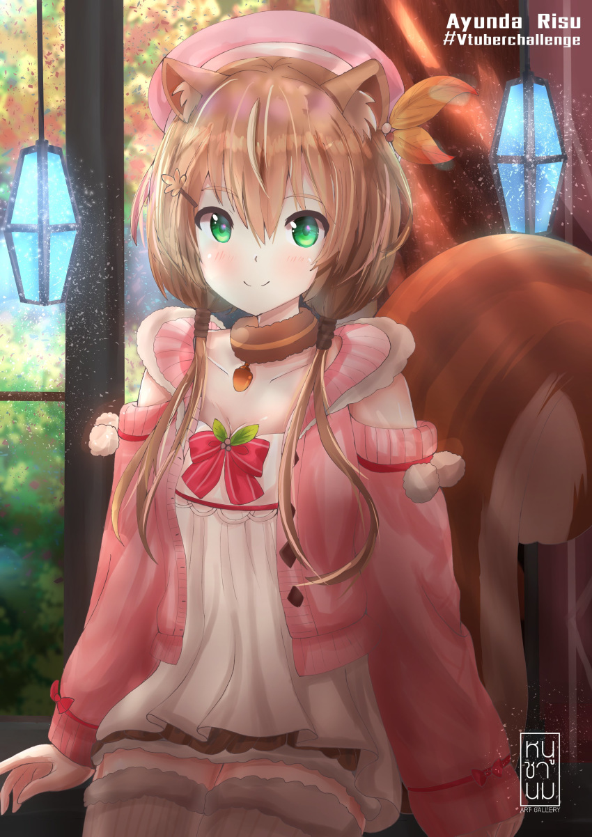1girl absurdres animal_ears ayunda_risu beret brown_hair character_name collarbone green_eyes hat highres hololive hololive_indonesia jacket lamp looking_at_viewer low_twintails medium_hair smile solo squirrel_ears squirrel_tail tail thigh-highs twintails virtual_youtuber