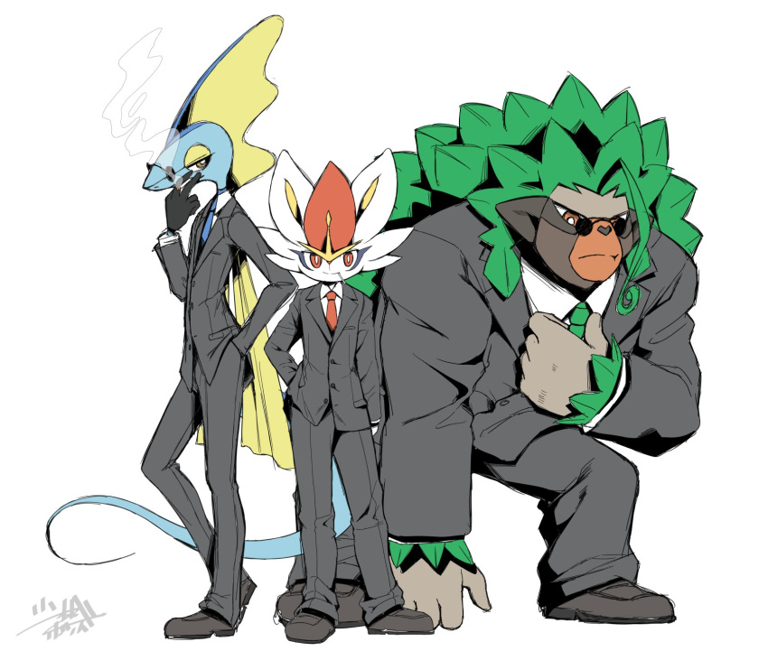 3boys adjusting_neckwear ahoge animal_ears artist_name black_gloves black_jacket black_pants blue_neckwear cigarette cinderace closed_mouth clothed_pokemon commentary_request formal full_body furry gen_8_pokemon glasses gloves green_hair green_neckwear grey_footwear half-closed_eyes hand_in_pocket hand_on_hip hand_up happy heel_up highres holding huge_ahoge inteleon jacket jpeg_artifacts lizard_tail long_sleeves looking_to_the_side male_focus mouth_hold multiple_boys necktie pants pince-nez pokemon pokemon_(creature) rabbit_ears red_neckwear redhead rillaboom shirt shoes short_hair shourin_bonzu signature simple_background smile smoke smoking standing suit sunglasses tail white_shirt yellow_eyes