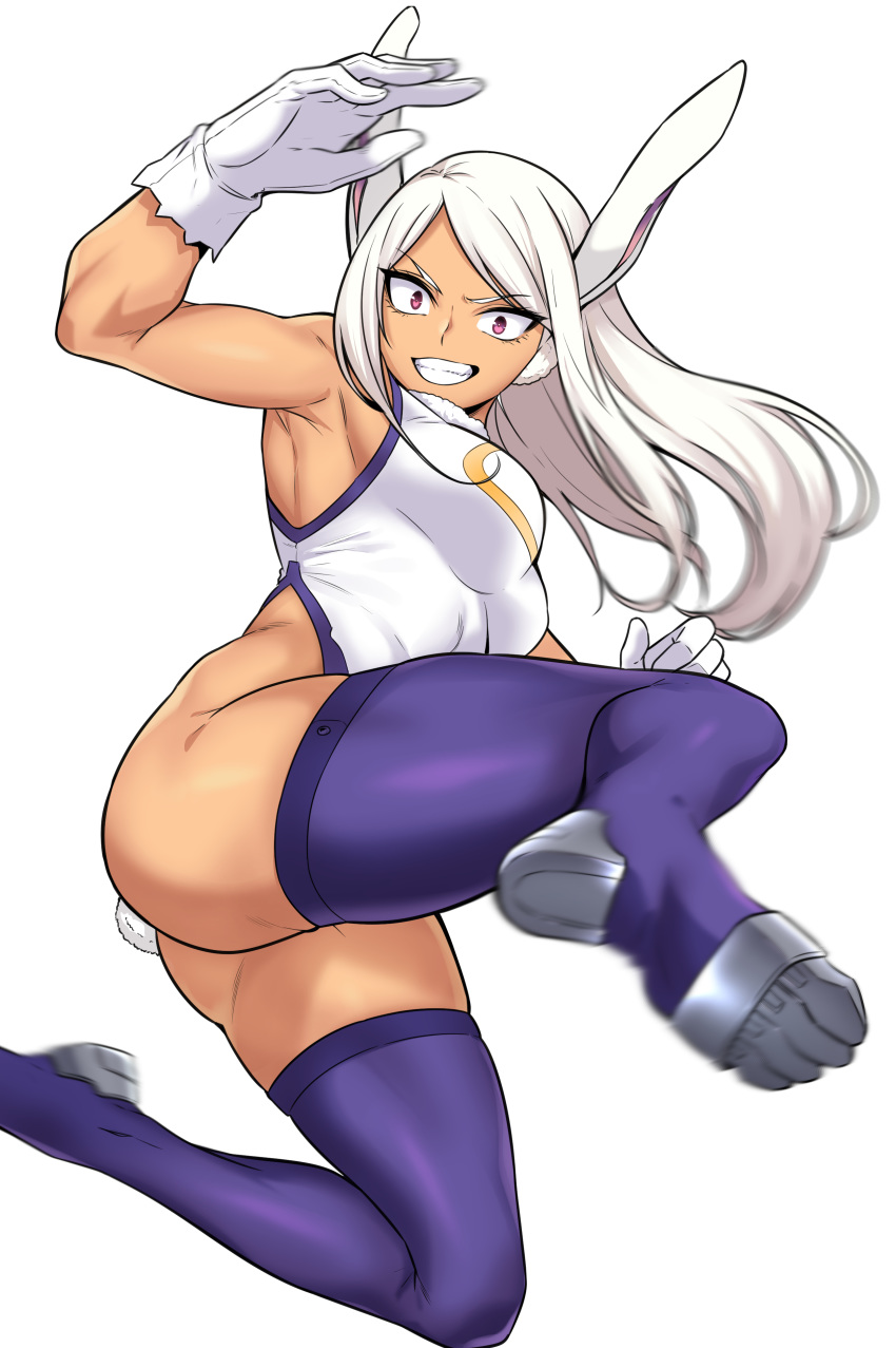 1girl absurdres animal_ears arm_up armpits ass attack bare_arms boku_no_hero_academia bunny_tail fur_collar gloves grin highleg highleg_leotard highres incoming_attack kicking kook leotard long_hair looking_at_viewer mirko motion_blur purple_legwear rabbit_ears rabbit_girl red_eyes simple_background smile solo superhero tail teeth thigh-highs v-shaped_eyebrows white_background white_hair white_leotard