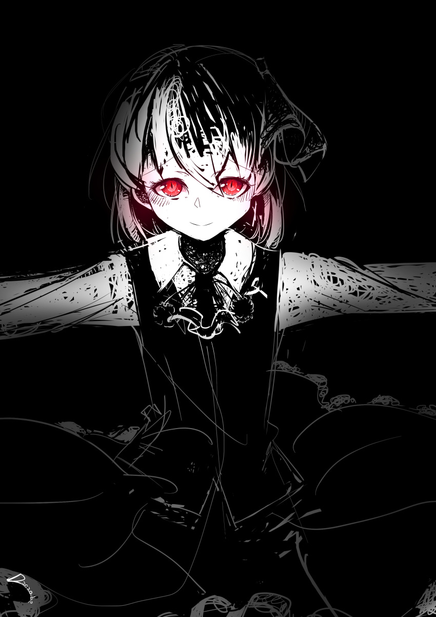 1girl absurdres ascot dress glowing glowing_eyes highres looking_at_viewer mokey_mokey_(artist) outstretched_arms red_eyes rumia smile solo touhou