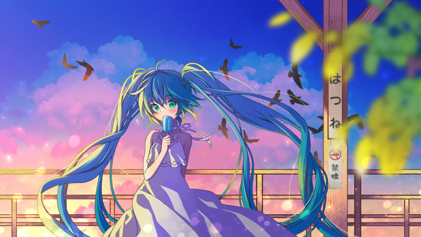 1girl aqua_eyes bird blue_hair blurry_foreground dress eating food hatsune_miku kawanobe long_hair looking_at_viewer no_smoking popsicle summer train_station twintails twitter_username very_long_hair vocaloid