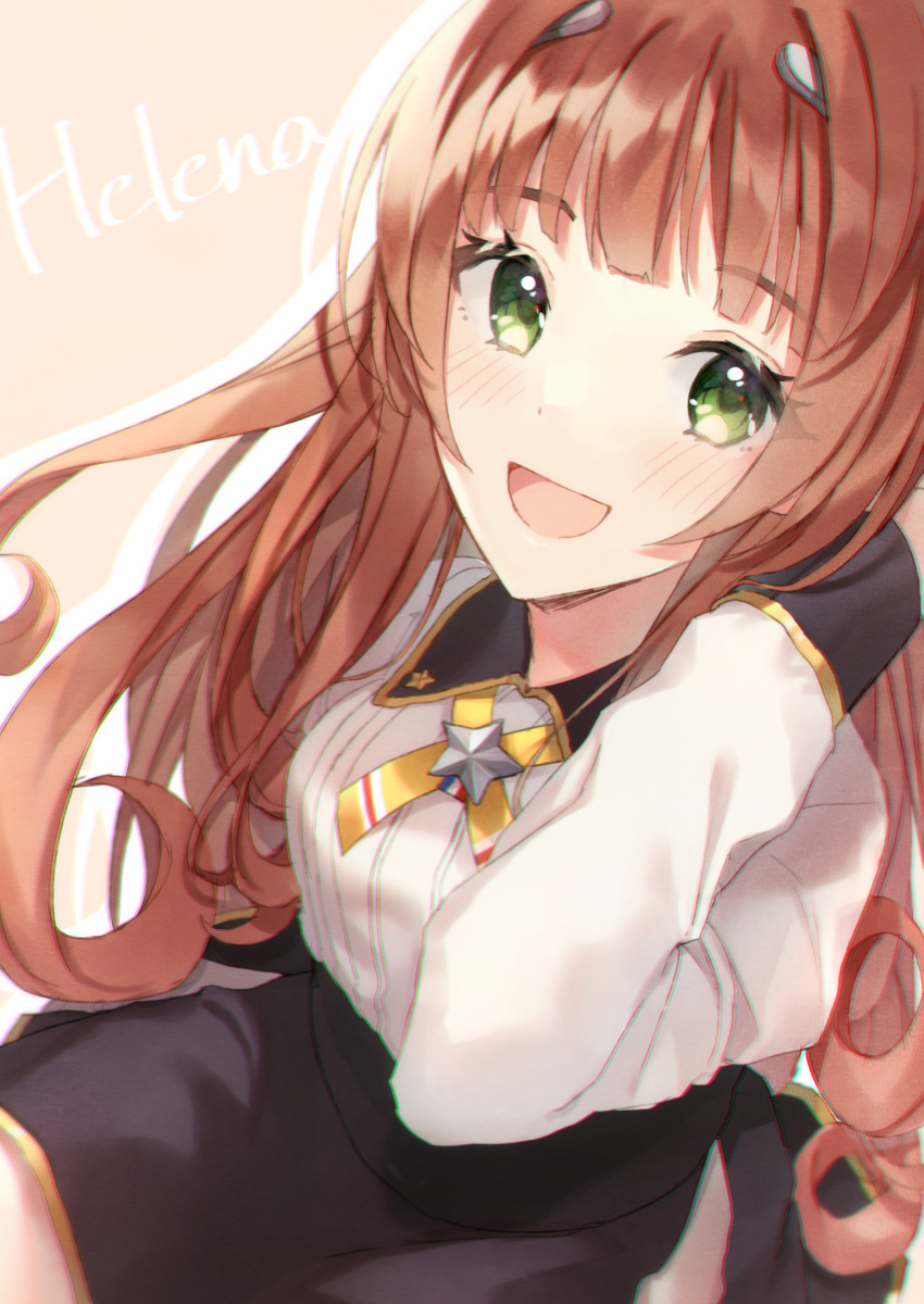 1girl :d absurdres black_skirt blush brown_hair character_name chobo_ume eyebrows_visible_through_hair green_eyes helena_(kantai_collection) highres kantai_collection long_hair long_sleeves looking_at_viewer neck_ribbon open_mouth pink_background ribbon simple_background skirt smile solo star_(symbol) yellow_ribbon