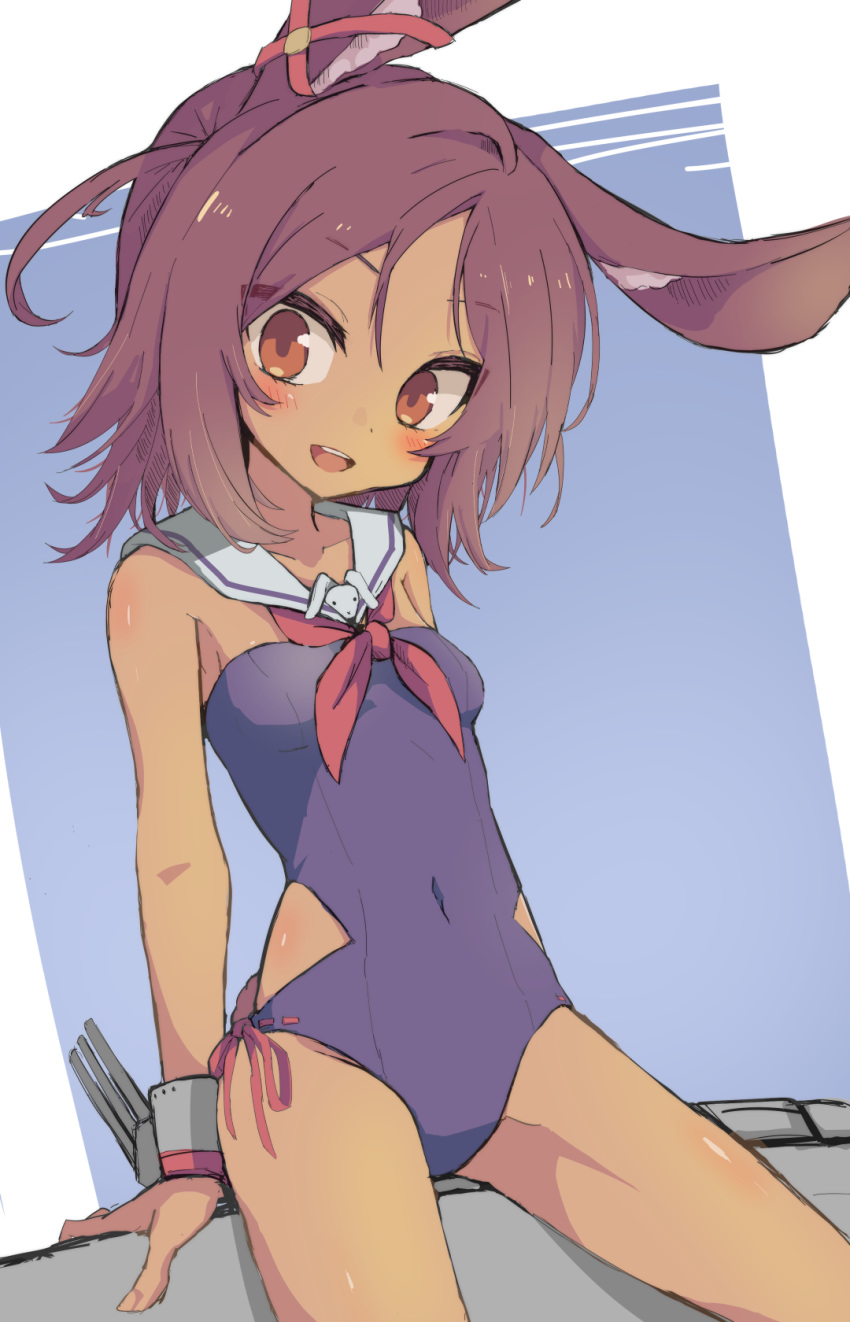 10011018 1girl animal_ears azur_lane blue_swimsuit blush breasts brown_eyes brown_hair covered_navel dark_skin ear_ribbon highres i-26_(azur_lane) nontraditional_school_swimsuit one-piece_swimsuit open_mouth rabbit_ears red_neckwear sailor_collar school_swimsuit short_hair side-tie_swimsuit simple_background small_breasts solo strapless strapless_swimsuit swimsuit two-tone_background white_sailor_collar