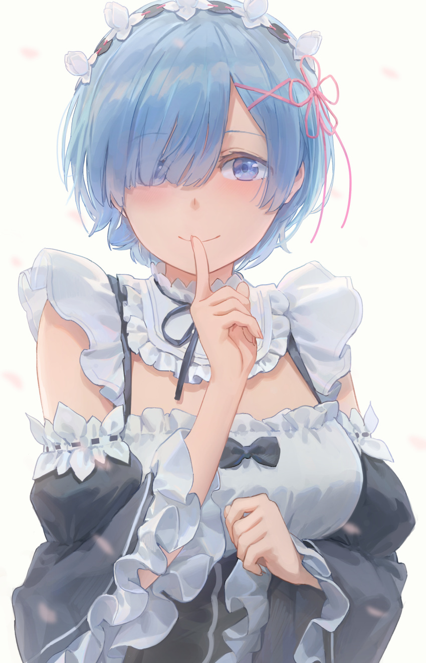 1girl absurdres bangs blue_eyes blue_hair blush breasts hair_ornament hair_over_one_eye hair_ribbon highres index_finger_raised large_breasts long_sleeves looking_at_viewer maid maid_headdress pink_ribbon re:zero_kara_hajimeru_isekai_seikatsu rem_(re:zero) ribbon short_hair smile x_hair_ornament yohan1754