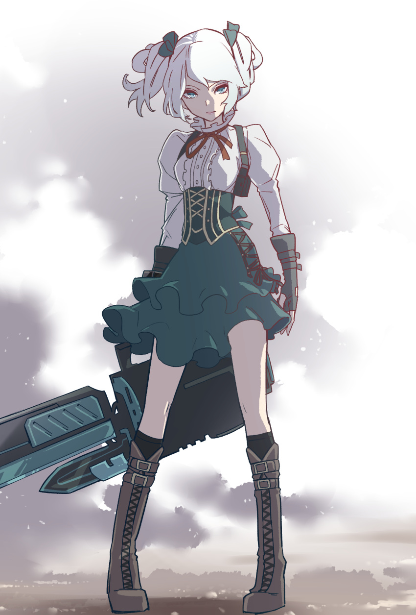 1girl black_legwear blue_eyes boots brown_footwear ciel_alencon corset cross-laced_footwear elbow_gloves fingerless_gloves frilled_shirt_collar frills gloves god_eater god_eater_2:_rage_burst green_skirt hair_ribbon highres holding holding_weapon juliet_sleeves kawayabug knee_boots kneehighs lace-up_boots long_sleeves neck_ribbon puffy_sleeves ribbon shirt silver_hair skirt smoke solo standing twintails weapon white_shirt