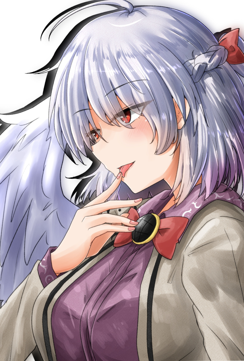 1girl ahoge blush bow bowtie braid breasts commentary_request eyebrows_visible_through_hair finger_licking french_braid hair_ribbon highres jacket kishin_sagume licking long_sleeves oshiaki partial_commentary purple_shirt red_eyes ribbon shirt silver_hair solo tongue tongue_out touhou upper_body white_background white_wings wings