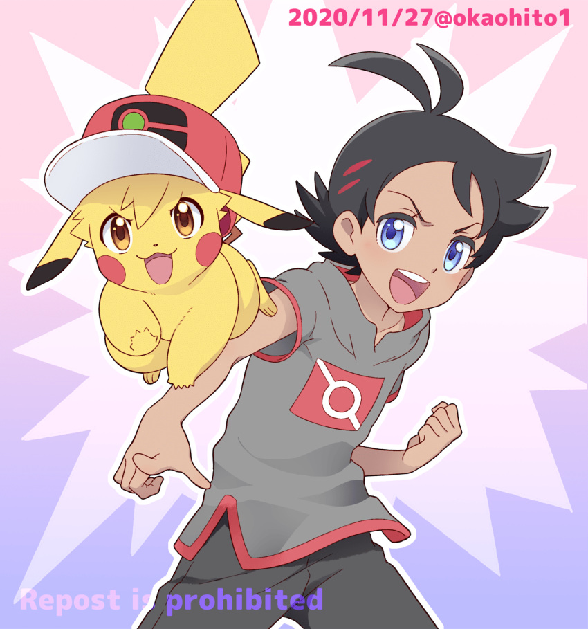 1boy :d animalization antenna_hair artist_name ash_ketchum bangs black_hair blue_eyes clenched_hand commentary dated eyelashes gen_1_pokemon goh_(pokemon) hair_ornament hatted_pokemon highres male_focus okaohito1 open_mouth outline pants pikachu pointing pokemon pokemon_(anime) pokemon_(creature) pokemon_swsh_(anime) repost_notice short_sleeves side_slit smile teeth tongue