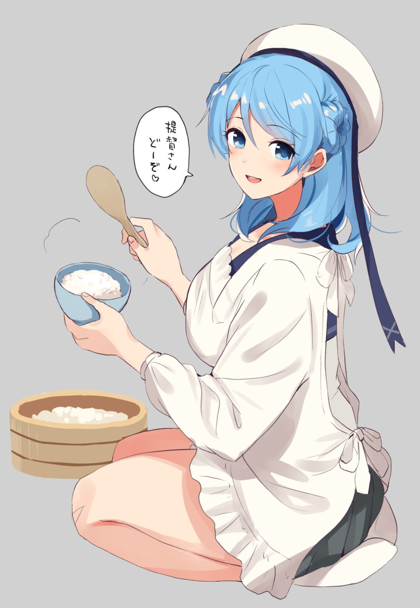 1girl basin blue_eyes blue_hair bowl double_bun grey_background grey_skirt hat highres kantai_collection kappougi open_mouth pleated_skirt rice rice_bowl round_teeth sailor_hat seiza senbei_(senbe_i) simple_background sitting skirt smile solo spatula teeth translation_request upper_teeth urakaze_(kantai_collection) white_headwear white_legwear