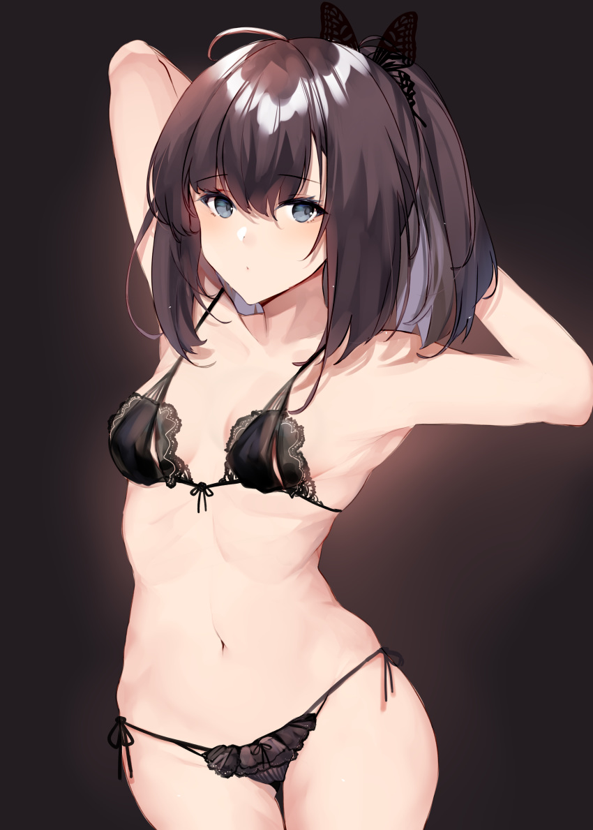 1girl absurdres ahoge akizuki_(kantai_collection) arms_behind_head black_background black_bra black_hair black_panties blue_eyes bra breasts commentary_request highres kagurazaka_miyabi kantai_collection looking_at_viewer medium_breasts medium_hair panties ponytail side-tie_panties solo underwear underwear_only