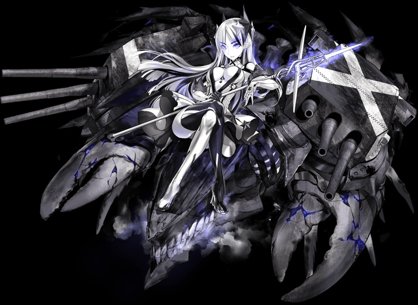 1girl blue_eyes breasts crossed_legs hair_ornament kantai_collection lobster_claw long_hair machinery monster official_art pale_skin pointy_ears shinkaisei-kan staff star_(symbol) star_hair_ornament transparent_background turret weapon white_skin zeco