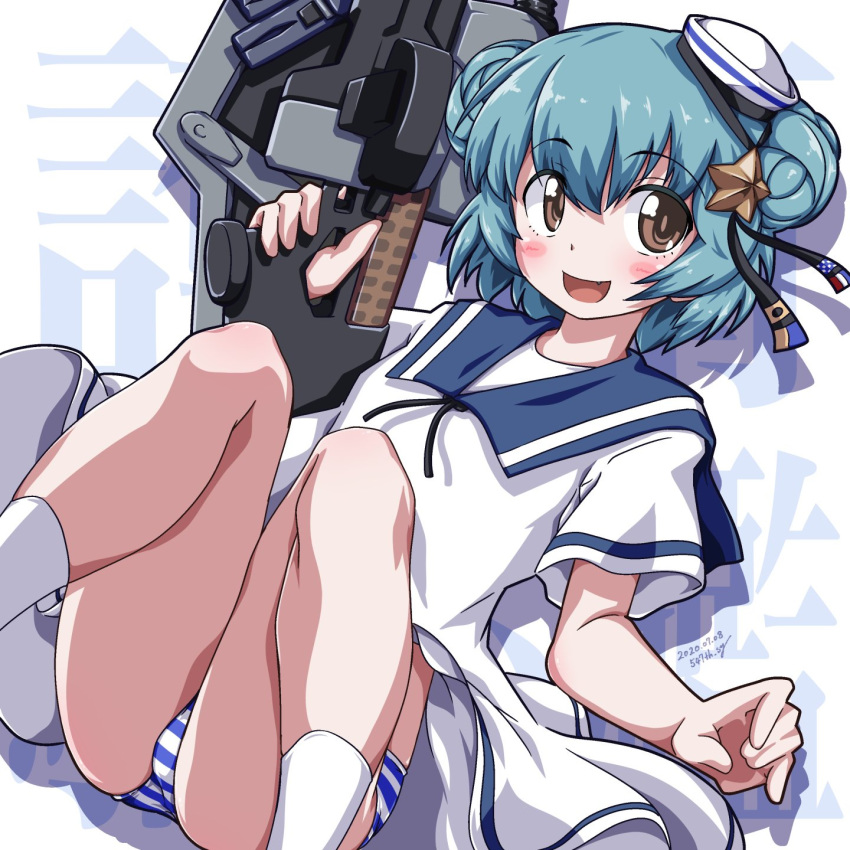 1girl 547th_sy alternate_costume aqua_hair background_text bangs blue_sailor_collar blush brown_footwear commentary_request dated dixie_cup_hat double_bun dress eyebrows_visible_through_hair hat highres holding holding_weapon kantai_collection military_hat open_mouth panties sailor_collar sailor_dress samuel_b._roberts_(kantai_collection) short_hair short_sleeves signature socks solo striped striped_panties underwear weapon white_background white_dress white_legwear