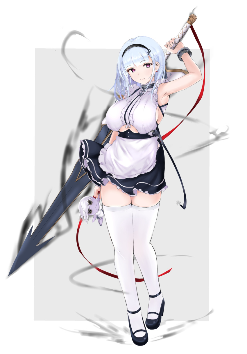 1girl absurdres azur_lane black_footwear blue_hair breasts dido_(azur_lane) doll earrings eyebrows_visible_through_hair hairband highres jewelry long_hair looking_at_viewer maid maid_dress maid_headdress medium_breasts shibuimarutaku shoes simple_background smile solo sword sword_behind_back thigh-highs violet_eyes weapon weapon_on_back white_legwear