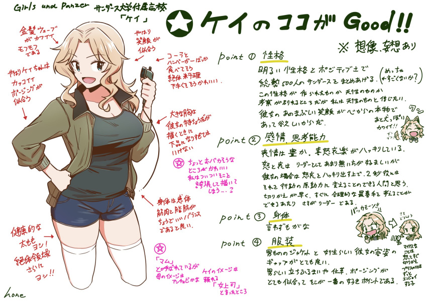 1girl animal_ears blonde_hair blue_eyes blue_shorts denim denim_shorts girls_und_panzer hair_intakes highres hone_(honehone083) jacket kay_(girls_und_panzer) long_hair long_sleeves open_mouth short_shorts shorts solo standing thigh-highs translation_request white_legwear