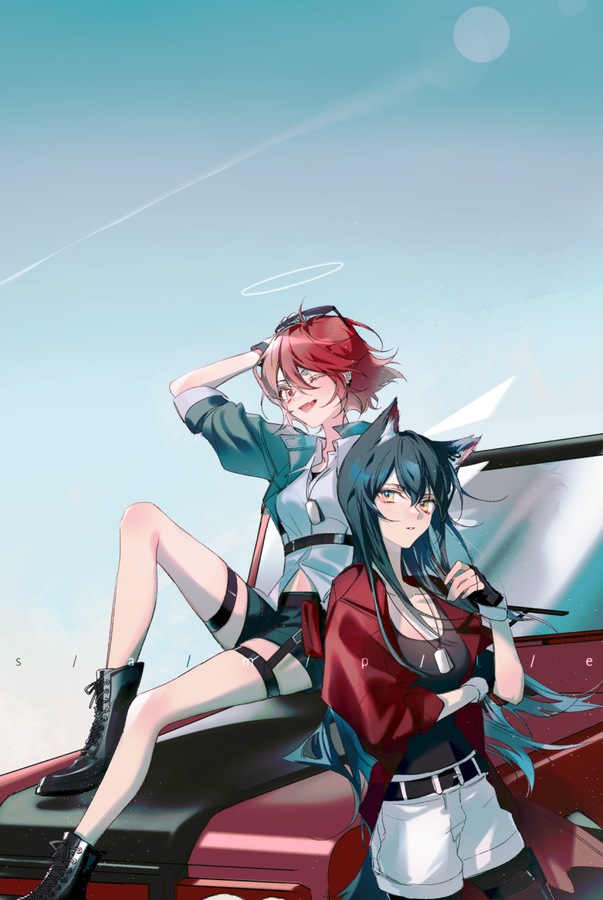 2girls ;d alternate_costume animal_ear_fluff animal_ears arknights arm_up bangs belt black_belt black_footwear black_gloves black_hair black_legwear blue_sky boots breasts brown_hair car chinese_commentary collar collared_shirt commentary_request ershisi exusiai_(arknights) eyewear_on_head fang fingerless_gloves gloves ground_vehicle hair_between_eyes halo highres jacket legwear_under_shorts long_hair long_sleeves looking_at_viewer motor_vehicle multiple_girls one_eye_closed open_mouth orange_eyes pantyhose parted_lips red_jacket sample shirt shoelaces short_hair short_shorts shorts sitting sky smile sunglasses tail texas_(arknights) thigh_strap white_shorts wolf_ears yellow_eyes
