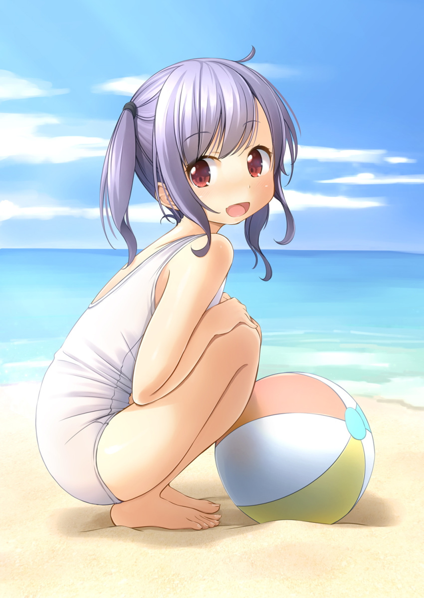 1girl :d ball bangs bare_arms bare_legs bare_shoulders barefoot beach beachball blue_sky blush clouds commentary_request day eyebrows_visible_through_hair fang highres horizon looking_at_viewer looking_to_the_side ocean old_school_swimsuit one-piece_swimsuit open_mouth original outdoors purple_hair red_eyes sand school_swimsuit shibacha sky smile solo squatting swimsuit twintails water white_swimsuit